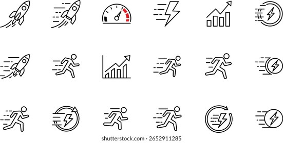 Speed, acceleration line icon set. Vector pictograms of fast movement, progress, quick actions, rocket, speedometer, lightning bolt, rapid growth dynamic