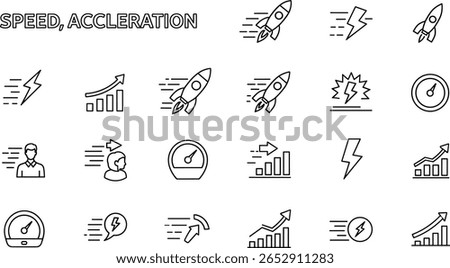 Speed, acceleration line icon set. Vector pictograms of fast movement, progress, quick actions, rocket, speedometer, lightning bolt, rapid growth dynamic