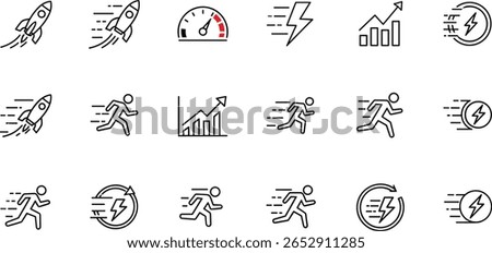 Speed, acceleration line icon set. Vector pictograms of fast movement, progress, quick actions, rocket, speedometer, lightning bolt, rapid growth dynamic