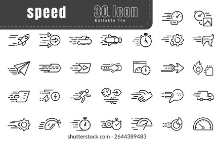 Speed and Acceleration Line Icons Set Fast Performance, Quick Delivery, Motion, Loading, Time Efficiency Symbols in Minimal Style