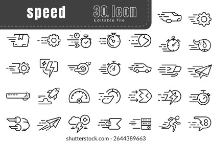 Speed and Acceleration Line Icons Set Fast Performance, Quick Delivery, Motion, Loading, Time Efficiency Symbols in Minimal Style
