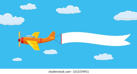 Speed airplane aircraft with advertising banner ribbon in the cloudy sky. Vector isolated illustration