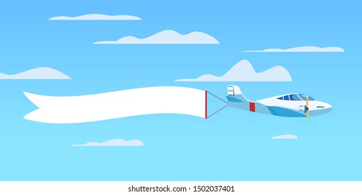 Speed airplane aircraft jet with advertising banner ribbon in the cloudy sky. Vector isolated illustration