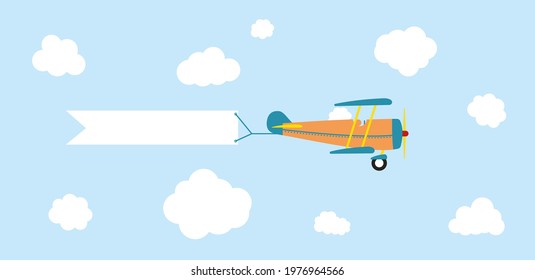 Speed airplane aircraft jet with advertising banner ribbon in the cloudy sky. Vector isolated illustration