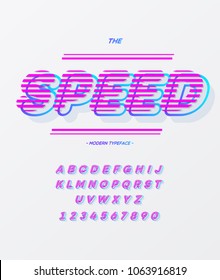 Speed alpabet on white background. Font modern colorful style for t shirt, animation, video, poster, printing, decoration. Cool typeface trend typography. Vector Illustration 10 eps