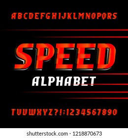 Speed alphabet font. Fast speed effect type letters and numbers on black background. Stock vector typeface for your design.