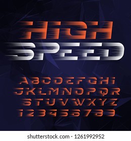 Speed alphabet font. Fast speed effect futuristic type letters and numbers. Stock vector typescript for your design. Easy color change.