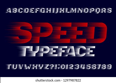 Speed alphabet font. Fast wind effect letters, numbers and symbols. Stock vector typeface for your design. Easy color change.