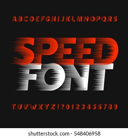 Speed Alphabet Font. Wind Effect Type Letters And Numbers On A Dark Background. Vector Typeface For Your Design.
