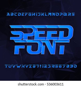 Speed alphabet vector font. Oblique type letters and numbers. Blue color on a dark polygonal background. Vector typeface for your design.