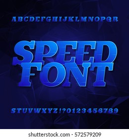 Speed alphabet vector font. Oblique slab serif letters and numbers. Blue color on a dark polygonal background. Vector typeface for your design.