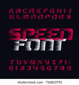 Speed alphabet vector font. Wind effect type letters and numbers on a dark background. Stock vector typeface for your headers or any typography design.