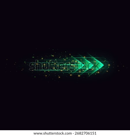 Speed arrow, neon green, directed to the right, with small glowing particles and motion lines. Futuristic digital style, techno energy, progress. Isolated black background. Vector illustration.