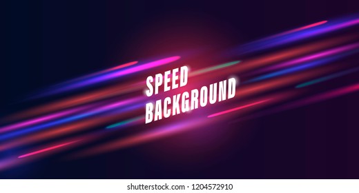 speed background abstract with glowing color lines blurred in motion with typography