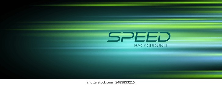 Fondo de velocidad con efecto de líneas de movimiento verdes y azules. Fondo moderno negro de la tecnología abstracta amplia con efecto brillante de la luz de la alta velocidad y del movimiento. Ilustración vectorial de Anuncio amplio creativo