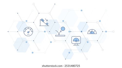 Ilustración vectorial de Anuncio de velocidad con estilo de icono en el medio. Icono de línea Duotone. Contiene velocímetro, optimización, pendiente, rebote.