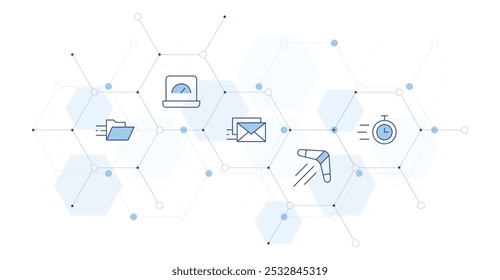 Ilustración vectorial de Anuncio de velocidad con estilo de icono en el medio. Icono de línea Duotone. Contiene cronómetro, alta velocidad, boomerang, correo, carpeta.