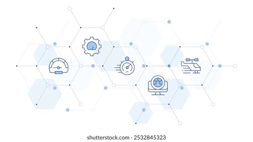 Ilustración vectorial de Anuncio de velocidad con estilo de icono en el medio. Icono de línea Duotone. Contiene helicóptero, rendimiento, velocímetro, proceso, gas.