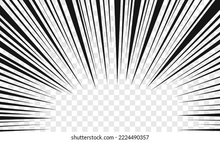 Speed black lines on transparent background. Comic anime emphasis template. Manga book page design. Light burst, explosion, power, boom, scream, motion cartoon effect. Vector graphic illustration