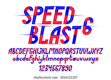Speed blast sport style font, vector geometric futuristic alphabet, numbers included, 90s style technology typeface, useful for logo creation.