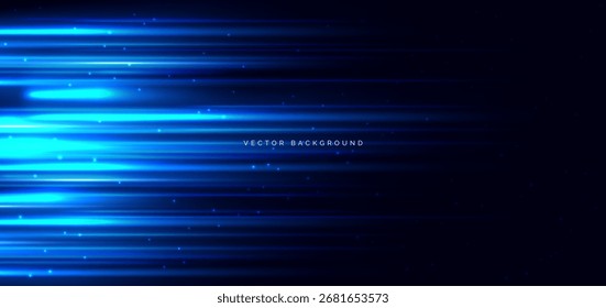Líneas de haz Horizontal azul de velocidad sobre fondo oscuro. Concepto de carreras de coches de velocidad de efecto de luz de movimiento de alta velocidad. Ilustración vectorial