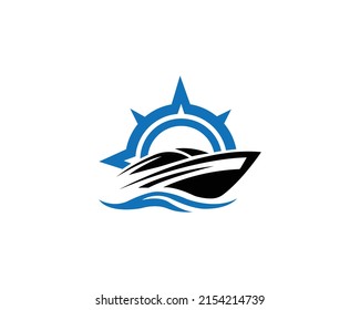 barco rápido con el logo de la brújula. Icono de vector de concepto de diseño creativo en un fondo blanco.