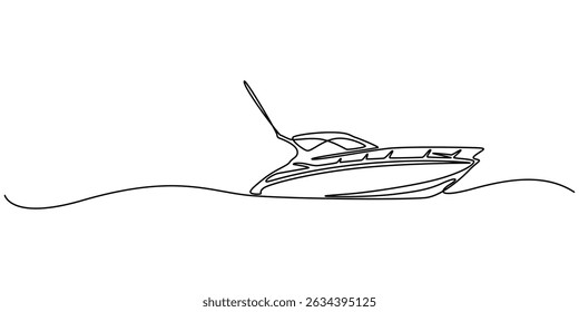 Barco de velocidade em desenho contínuo de uma linha. Ilustração de arte de linha única de barco à vela. Vetor editável, contínuo único uma linha desenhando arte de luxo iate velocidade barco veleiro barco a motor.