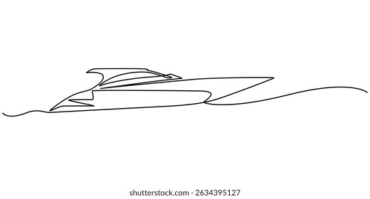 Barco de velocidade em desenho contínuo de uma linha. Ilustração de arte de linha única de barco à vela. Vetor editável, contínuo único uma linha desenhando arte de luxo iate velocidade barco veleiro barco a motor.
