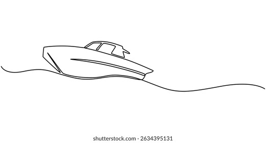 Barco de velocidade em desenho contínuo de uma linha. Ilustração de arte de linha única de barco à vela. Vetor editável, contínuo único uma linha desenhando arte de luxo iate velocidade barco veleiro barco a motor.