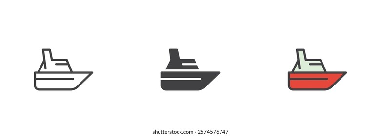 Speed boat different style icon set. Line, glyph and filled outline colorful version, outline and filled vector sign. Symbol, logo illustration. Vector graphics