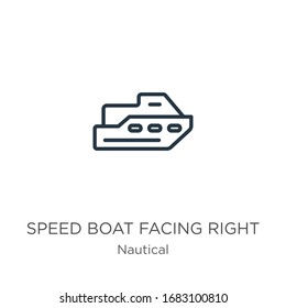 Speed boat facing right icon. Thin linear speed boat facing right outline icon isolated on white background from nautical collection. Line vector sign, symbol for web and mobile