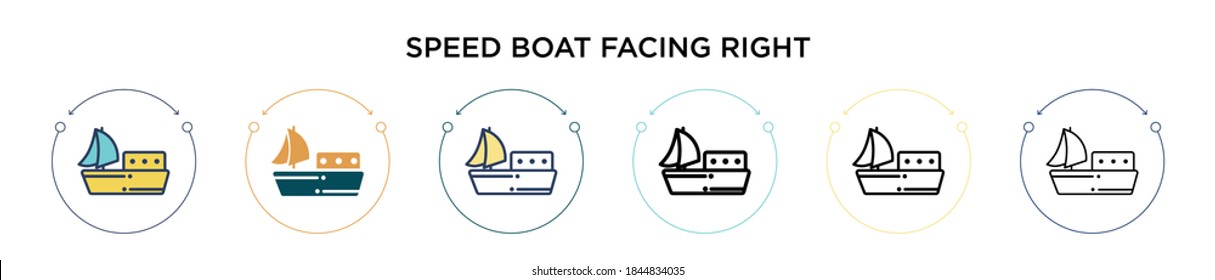 Speed boat facing right icon in filled, thin line, outline and stroke style. Vector illustration of two colored and black speed boat facing right vector icons designs can be used for mobile, ui, web