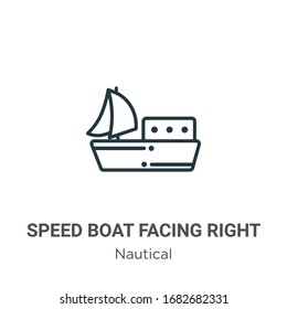 Speed boat facing right outline vector icon. Thin line black speed boat facing right icon, flat vector simple element illustration from editable nautical concept isolated stroke on white background