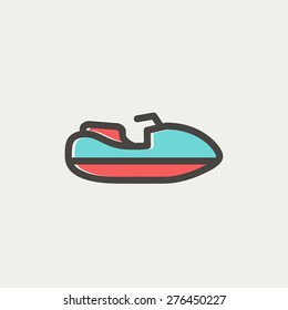 Speed boat icon thin line for web and mobile, modern minimalistic flat design. Vector icon with dark grey outline and offset colour on light grey background.