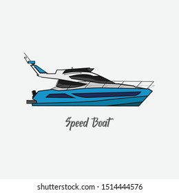 Speed Boat from Indonesia side view with blue and white color. Sea or River Transportation Vector image.