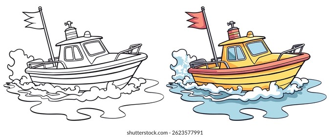 Velocidade Barco Linha Arte Vetor Contorno Ilustração Preto e Branco com Coloração Amostra