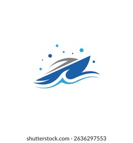speed boat logo with blue waves in flat design style