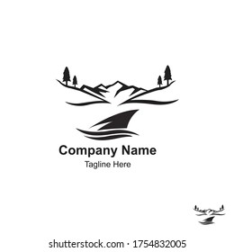 Plantilla De Diseño De Logotipo De Barco De Velocidad Con Montaña. Diseño del logotipo de viaje.