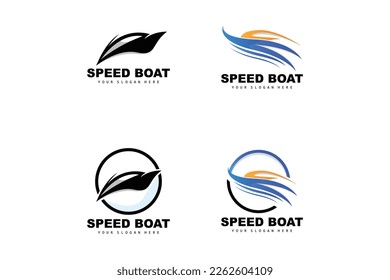 Logotipo del barco de velocidad, vectores de barco de carga rápida, velero, diseño para la empresa de fabricación de buques, navegación marítima, vehículos marinos, transporte