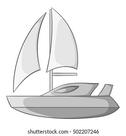 Speed boat with sail icon. Gray monochrome illustration of speed boat with sail vector icon for web