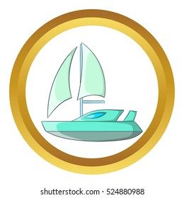 Speed boat with sail vector icon in golden circle, cartoon style isolated on white background