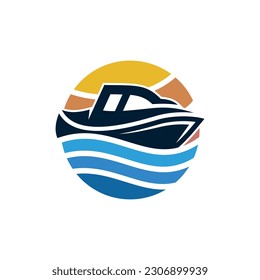 Speed Boat Sunset In Circle Creative Logo