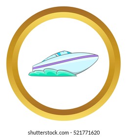 Speed boat vector icon in golden circle, cartoon style isolated on white background