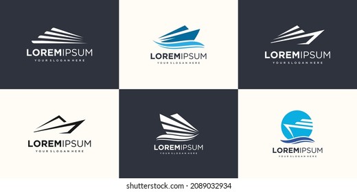 speed boat with waves element logo icon set. boat logo design template vector.