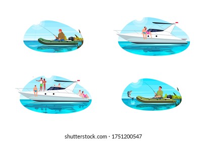 Speed boats for recreation semi flat vector illustration set. Man fishing with rod. Family on boat trip. Couple on date on private sailboat. Vacation 2D cartoon characters for commercial use