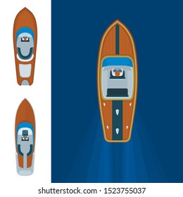 Speed boats top view. Sped boats top aerial view realistic vector illustrations set. Part of set. 