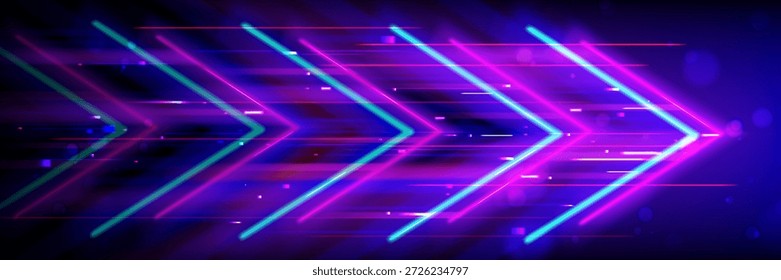 Geschwindigkeitssteigerungs-Pfeilzeichen auf dunklem Hintergrund. Vektorrealistische Illustration von neonrosa blauen Bewegungssymbolen, Bewegung nach vorne, zukünftige Technologieentwicklung, Geschäftswachstumsstrategie, Datentechnologie