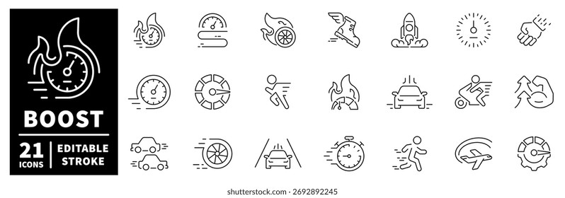 Geschwindigkeit und steigern Symbole gesetzt. editierbare Liniensymbole, Umrisse, Geschwindigkeitsmesser, schnelle Aktion