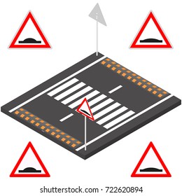 Speed bump on the road segment. Sleeping police sign on a white background. Flat 3d isometric style, vector illustration.