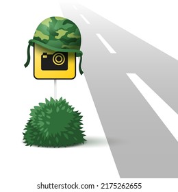 Speed camera warning sign. The concept of a poorly visible sign on the road.
